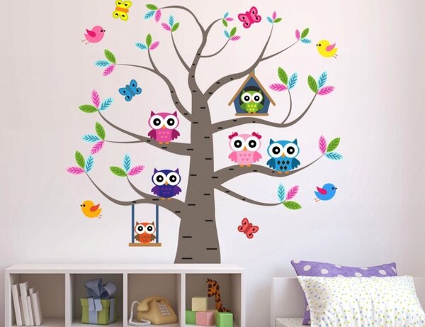 Autocolant adorabil pentru camera copiilor - bufnițe în copac 100 x 100 cm
