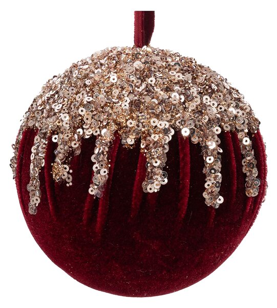 Decoratiune Craciun, Glob din catifea, visiniu cu auriu, 10 cm