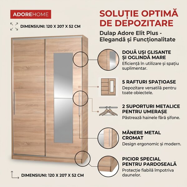 Dulap Haine Adore Elit Plus, 2 usi glisante cu oglinda, Sonoma, 120x207x52 cm