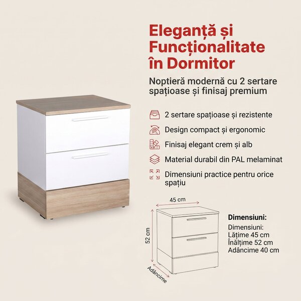 Noptiera Adore Base, 2 sertare, Alb, 45x52x40 cm