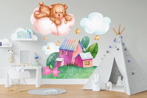 Autocolant de perete pentru copii casă cu zâne și ursuleț 60 x 120 cm