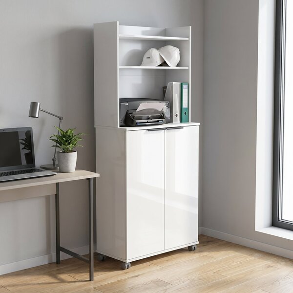 Dulap Multifunctional Adore Diamond, 2 usi, 6 rafturi, cu rotile, Alb Lucios, 73x172x36 cm
