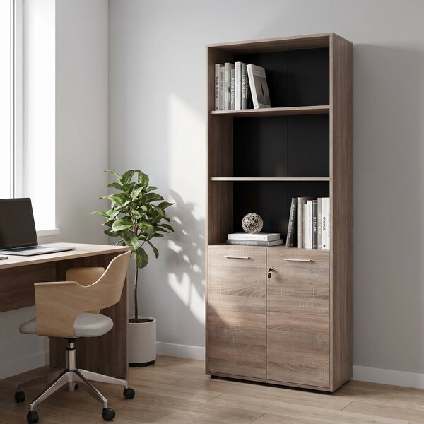 Biblioteca Adore New York Office, 2 usi cu cheie, 3 rafturi fix, Natur, 72x187x34 cm