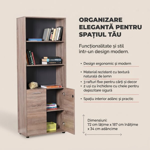 Biblioteca Adore New York Office, 2 usi cu cheie, 3 rafturi fix, Natur, 72x187x34 cm