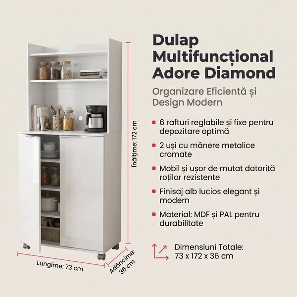 Dulap Multifunctional Adore Diamond, 2 usi, 6 rafturi, cu rotile, Alb Lucios, 73x172x36 cm