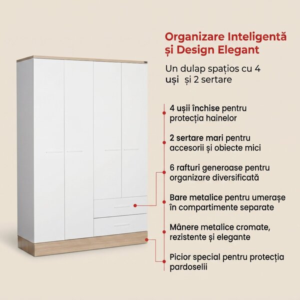Dulap Haine Adore Base, 4 usi, 2 sertare, Alb, 137x198x52 cm