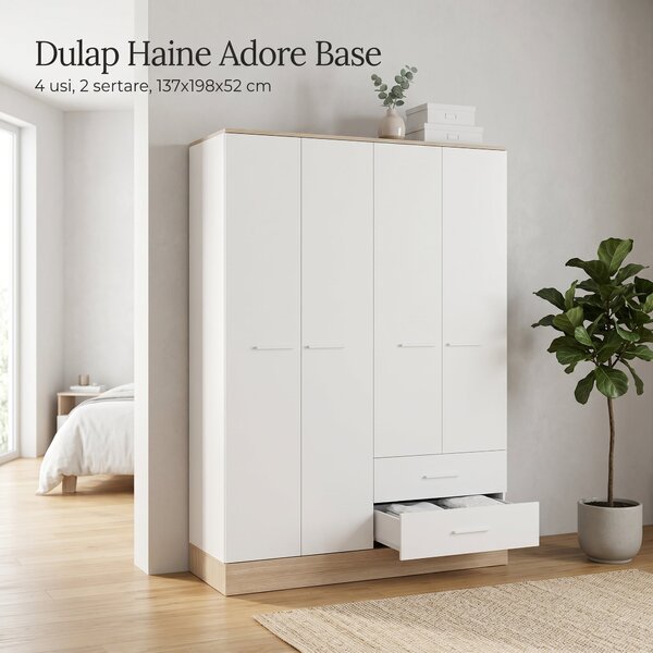 Dulap Haine Adore Base, 4 usi, 2 sertare, Alb, 137x198x52 cm