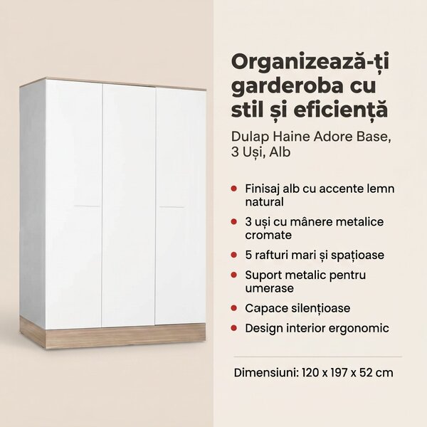 Dulap Haine Adore Base, 3 usi, Alb, 120x197x52 cm