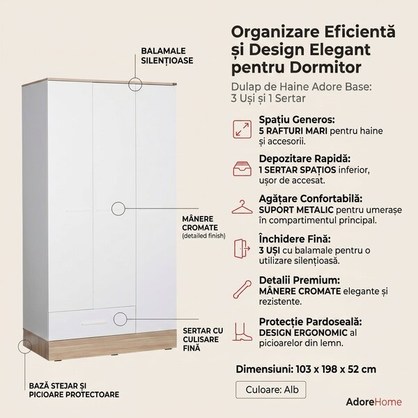 Dulap Haine Adore Base, 3 usi, 1 sertar, Alb, 103x198x52 cm