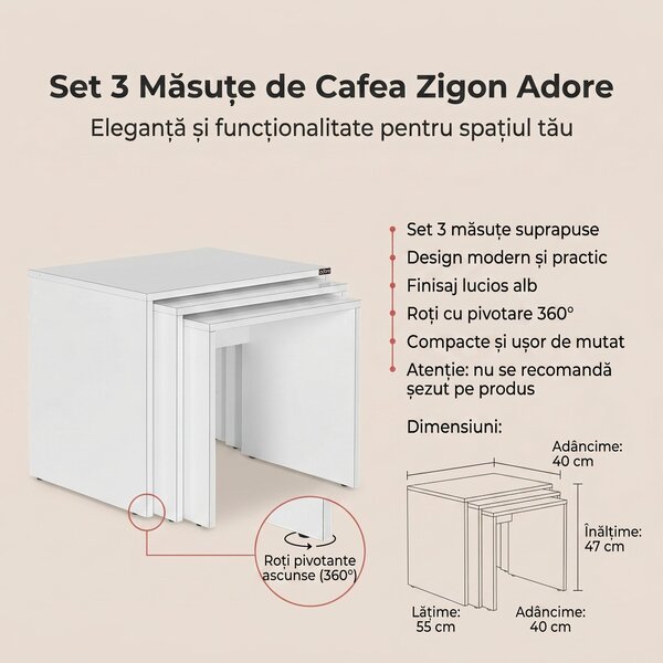 Set 3 Masute Cafea Zigon Adore, 55x47x40 cm
