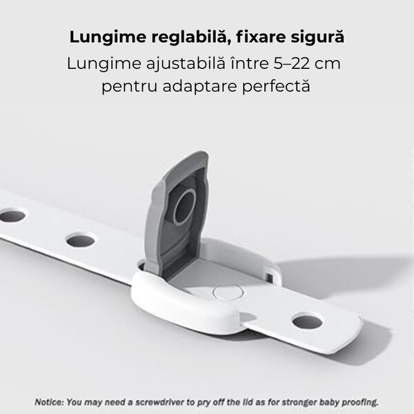 Set 6 blocatoare de siguranta copii pentru usi, sertare, frigider, cuptor - model universal, ajustabil pe lungime, cu dubla blocare