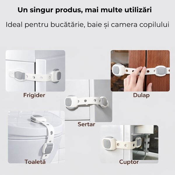 Set 6 blocatoare de siguranta copii pentru usi, sertare, frigider, cuptor - model universal, ajustabil pe lungime, cu dubla blocare