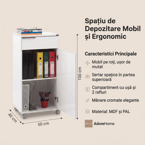 Corp Mobil Adore Diamond, cu usa, sertar si rotile, Alb, 50x100x40 cm
