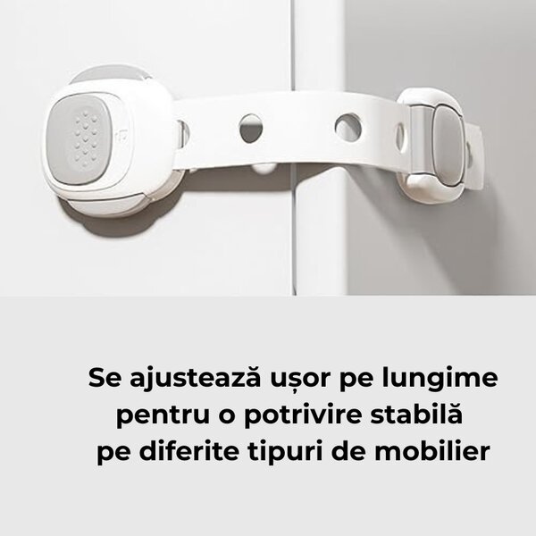 Set 6 blocatoare de siguranta copii pentru usi, sertare, frigider, cuptor - model universal, ajustabil pe lungime, cu dubla blocare
