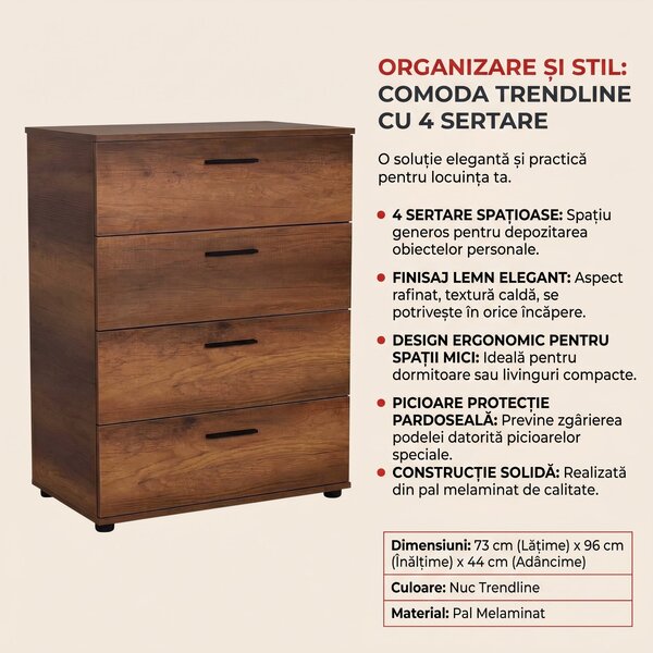 Comoda Adore Trendline, 4 sertare, Alb - Nuc, 73x96x44 cm