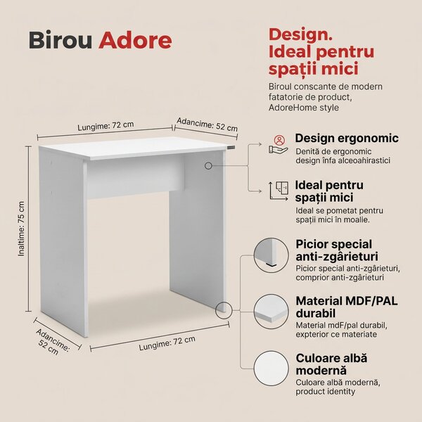 Birou Adore, Alb - Gri, 72x75x52 cm