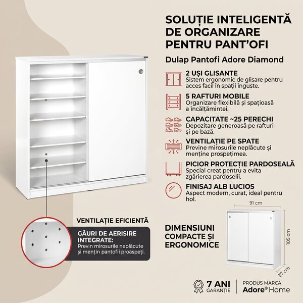 Dulap Pantofi Adore Diamond, 2 usi glisante, 5 rafturi, Alb, 91x105x37 cm