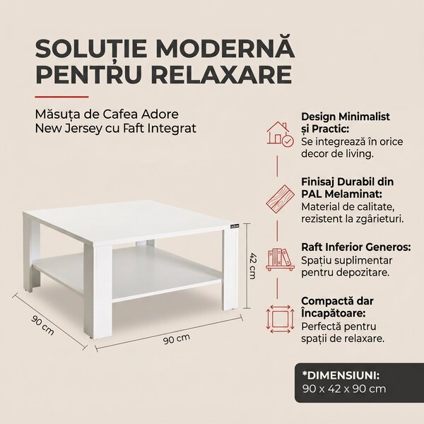 Masuta Cafea Adore New Jersey cu Raft, 90x42x90 cm