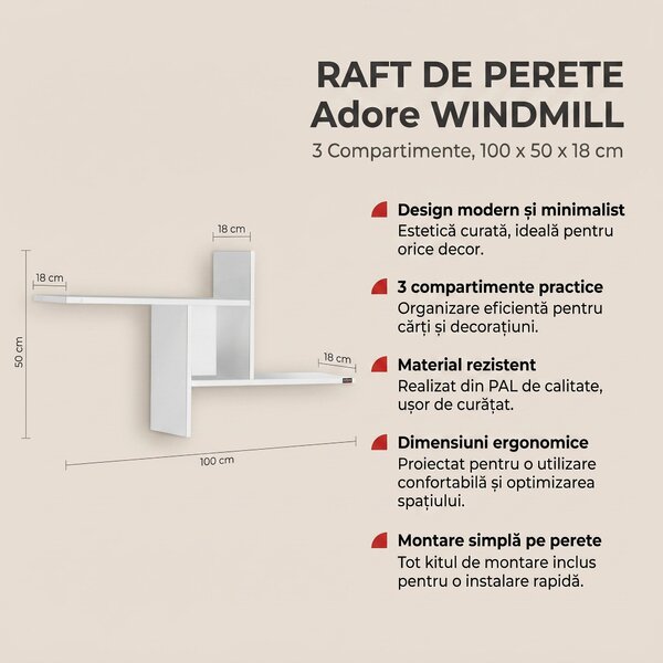 Raft de perete Adore Windmill cu 3 Compartimente, 100x50x18 cm
