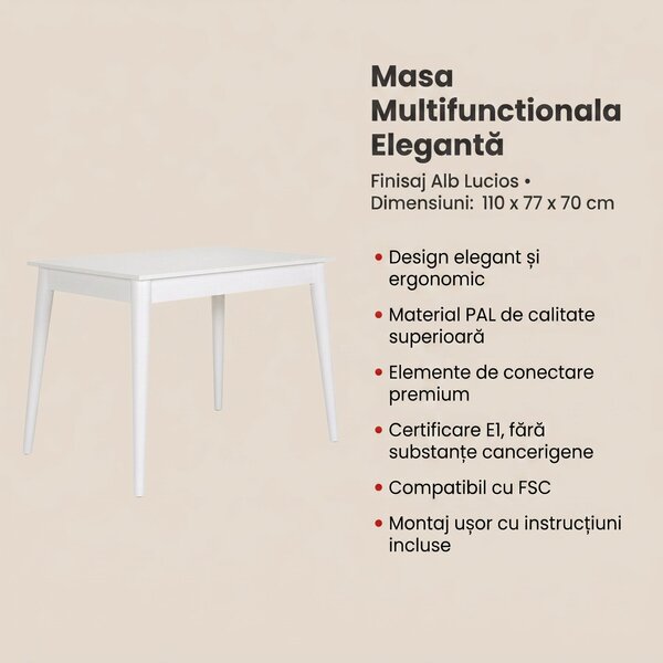 Masa Multifunctionala Adore, Alb Lucios, 110x77x70 cm