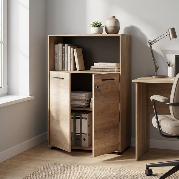 Biblioteca Adore New York, 2 usi cu cheie, 3 rafturi, Natur - Sonoma, 72x110x34 cm