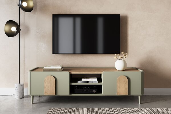 Comodă TV Amilio 170 cm cu sertar - eucalipt / stejar baltic dune / mânere stejar natural