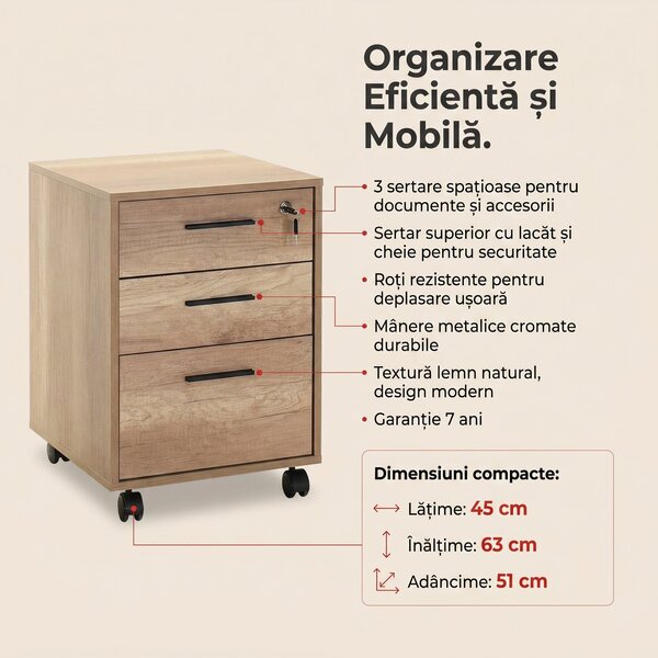 Corp Mobil Adore New York Rollbox Office, 3 Sertare, sertar cu cheie, Natur, 45x63x51 cm