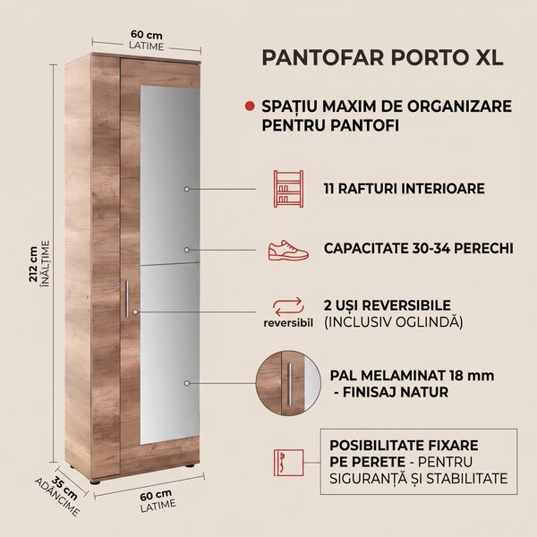 Pantofar Adore Porto XL, 2 usi reversibile cu oglinda, 11 rafturi, capacitate 30-34 perechi, Natur, 60x212x35 cm