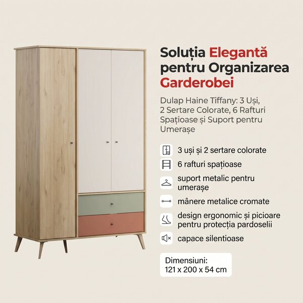 Dulap Haine Adore Tiffany, 3 usi, 2 sertare, Multicolor, 121x200x54 cm