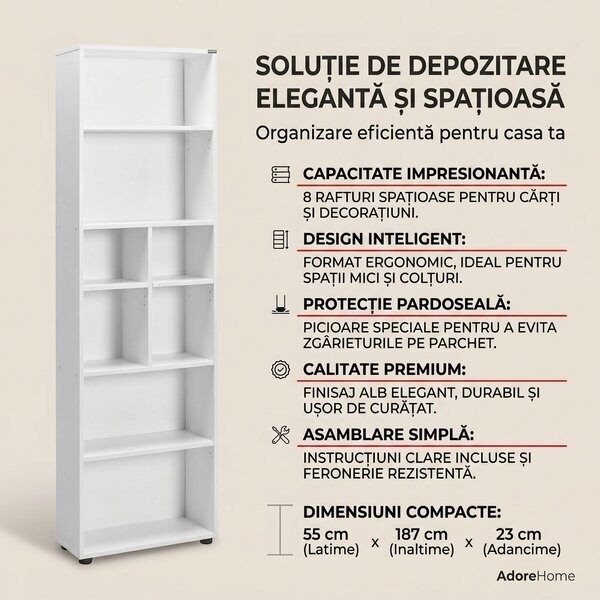 Biblioteca Adore White, 8 rafturi, Alb, 55x187x23 cm