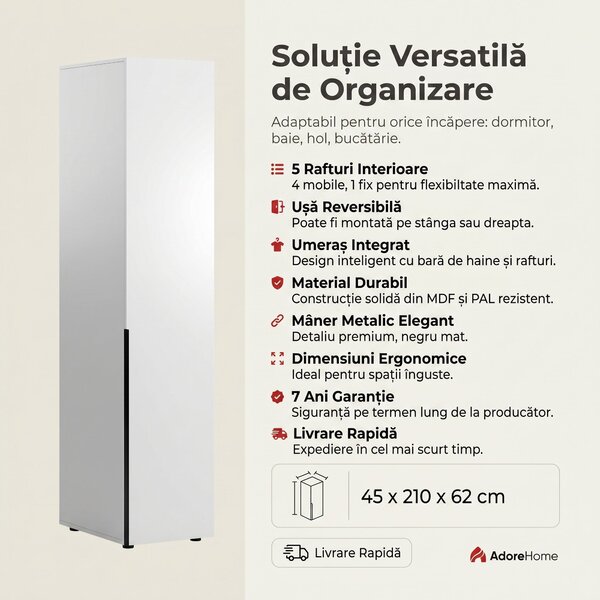 Dulap Multifunctional Adore Oryana, 5 rafturi si umeras, usa reversibila, Alb - Nuc, 45x210x62 cm