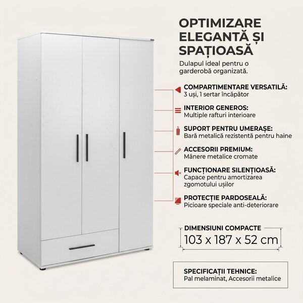 Dulap Haine Adore Trendline, 3 usi, 1 sertar, Alb - Stejar, 103x187x52 cm