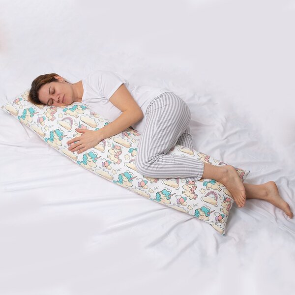 Perna pentru dormit lateral cu husa din bumbac detasabila 145x45 cm Kidizi Beige Unicorn