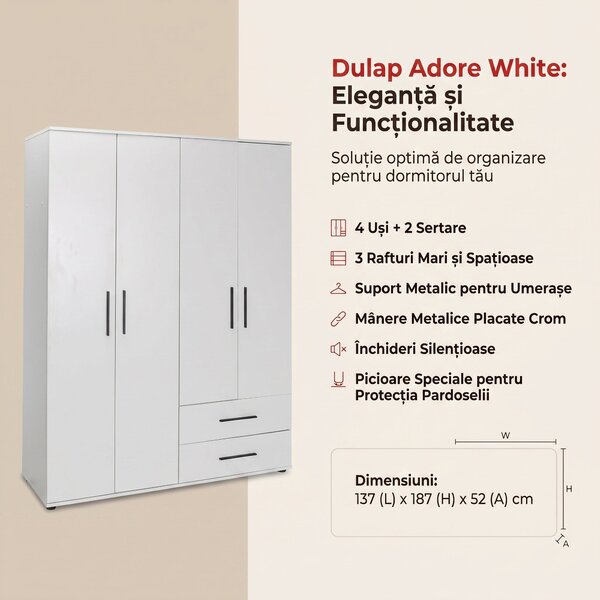 Dulap Haine Adore White, 4 usi si 2 sertare, Alb, 137x187x52 cm