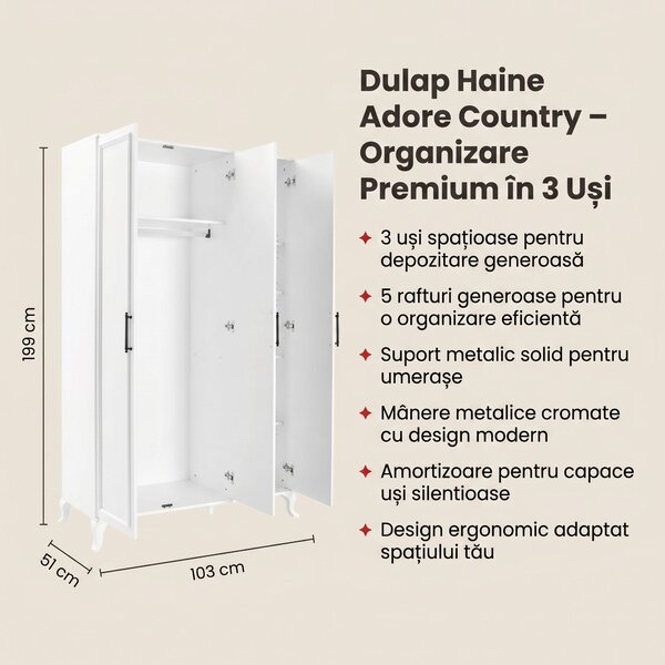 Dulap Haine Adore Country, 3 usi, Alb, 103x199x51 cm