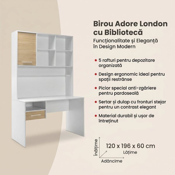 Birou Adore London cu biblioteca, Alb - Stejar, 120x196x60 cm