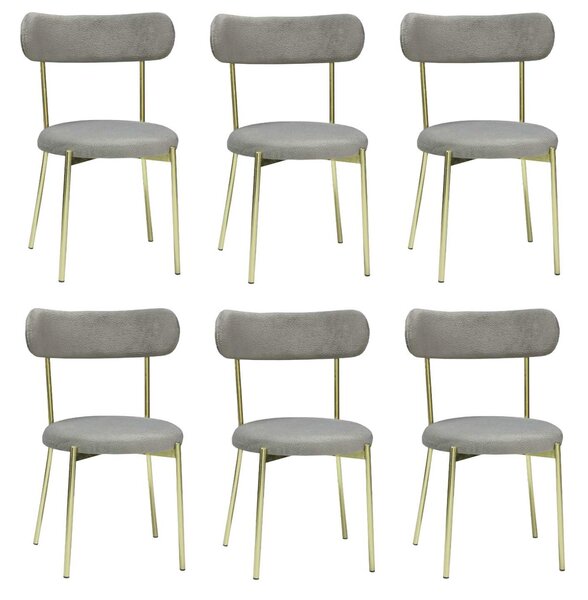 Set 6 Scaune Bucătărie Lana Gri, tapițate cu stofă boucle, picioare metalice gold, 83×53×43 cm