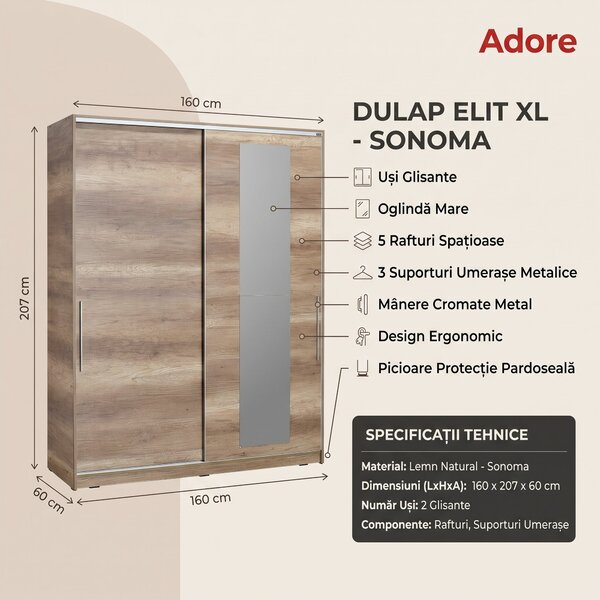 Dulap Haine Adore Elit XL, 2 usi glisante cu oglinda si 3 umarase, Lemn, Natural - Sonoma, 160x207x60 cm