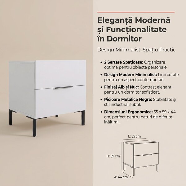 Noptiera Adore Oryana, 2 sertare, Alb - Nuc, 55x59x44 cm