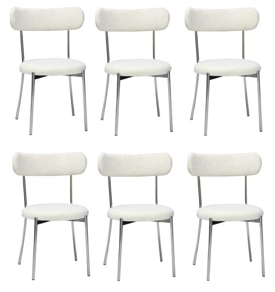 Set 6 Scaune Bucătărie Lana Alb, tapițate cu stofă boucle, picioare metalice crom, 83×53×43 cm