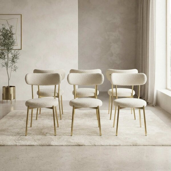 Set 6 Scaune Bucătărie Lana Alb, tapițate cu stofă boucle, picioare metalice gold, 83×53×43 cm