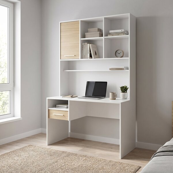 Birou Adore London cu biblioteca, Alb - Stejar, 120x196x60 cm