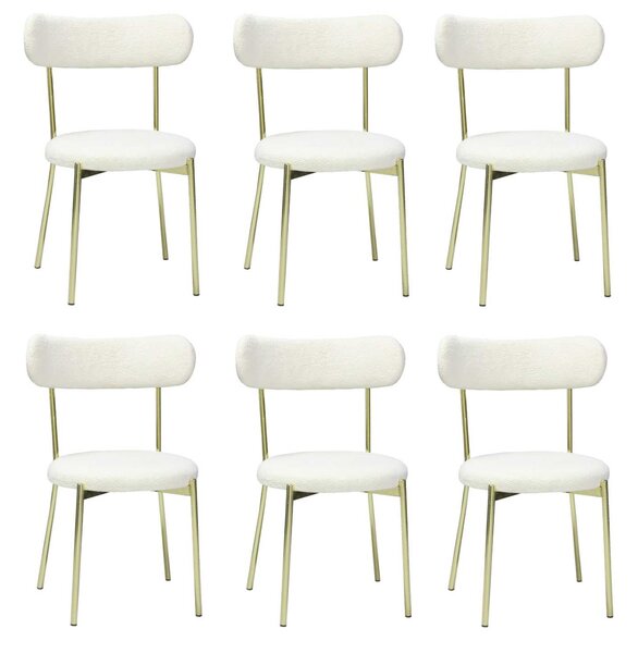 Set 6 Scaune Bucătărie Lana Alb, tapițate cu stofă boucle, picioare metalice gold, 83×53×43 cm