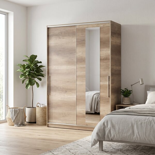 Dulap Haine Adore Elit XL, 2 usi glisante cu oglinda si 3 umarase, Lemn, Natural - Sonoma, 160x207x60 cm