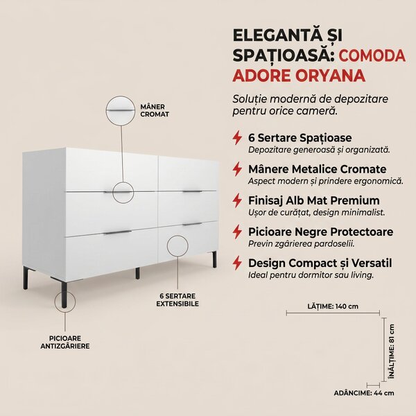 Comoda Adore Oryana, 3 sertare, Alb - Nuc, 140x81x44 cm