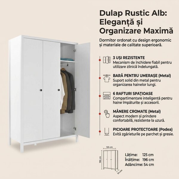 Dulap Haine MDF Adore Rustic, cu 3 usi si umarase, 6 rafturi, Alb, 125x196x54 cm