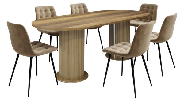 Set Masă Fixă Boemia Nuc cu 6 Scaune Onix Bej, Material Textil Catifelat, Picioare Metalice Negre, 180 × 90 × 75 cm