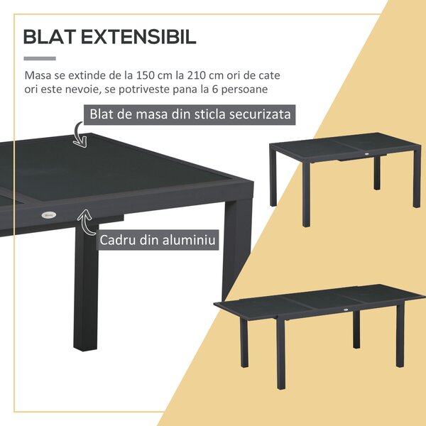 Outsunny Set de 7 Piese de Grădină din Aluminiu cu Masă Extensibilă și 6 Scaune cu Șezut din Plasă Respirabilă, 210x90x75 cm, Gri | Aosom Romania