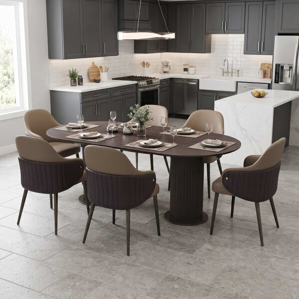 Set Masă Fixă Amara Slim Wenge cu 6 Scaune Riva Maro, Piele Sintetică, Picioare Metalice Negre, 180 × 90 × 75 cm