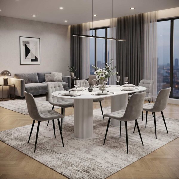 Set Masă Fixă Amara Slim Alb cu 6 Scaune Onix Gri Deschis, Material Textil Catifelat, Picioare Metalice Negre, 180 × 90 × 75 cm